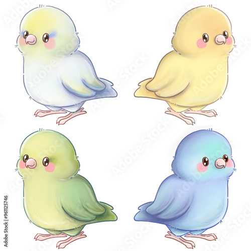 Colorful Forpus Parrots: Cartoon Drawing of Adorable Parrots in Blue, Green, Yellow, and Druzy Turquoise Colors, Smiling and Cheerful, Perfect for Kids and Fun Illustrations, Bright and Vibrant Bird 