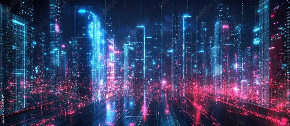 Fototapeta premium Digital transformation in smart cities Illuminated urban landscape at night showcasing advanced internet communication and fiber optics technology