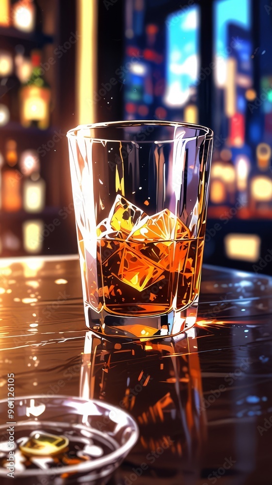 a glass of whiskey sits on a bar counter.