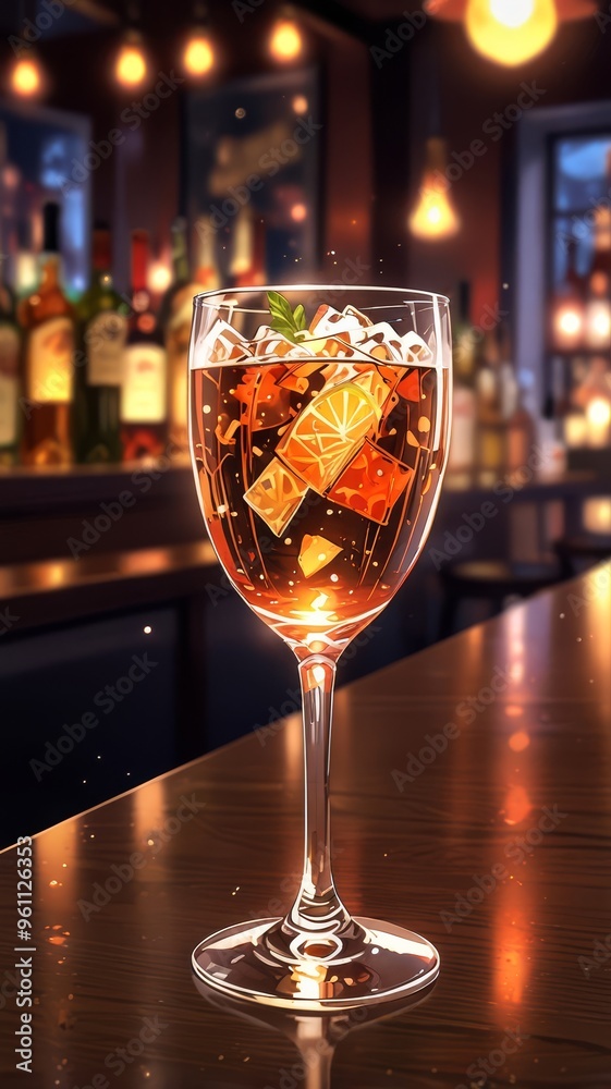 a glass of whiskey sits on a bar counter.