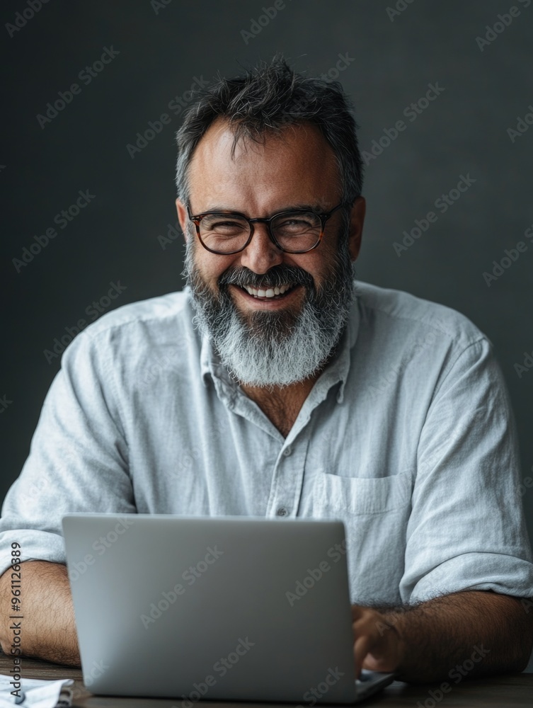Professional Bearded Man Laughing While Working on Laptop Professional Bearded Man Laughing While Working on Laptop