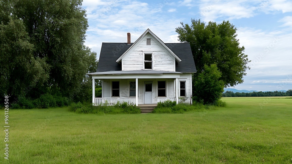 Echoes of the Past: Abandoned Farmhouse with Overgrown Grass and Broken Windows, Symbolizing Desolation and Longing for Yesteryears Echoes of the Past: Abandoned Farmhouse with Overgrown Grass and Broken Windows, Symbolizing Desolation and Longing for Yesteryears