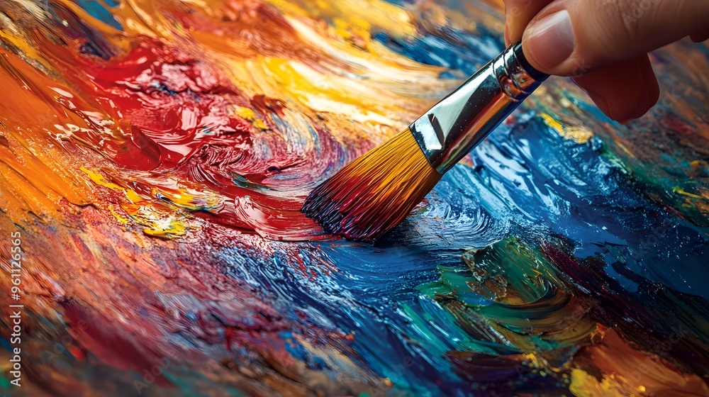 Artist’s Hand Holding a Paintbrush: An artist's hand holding a paintbrush mid-stroke, with vivid paint colors splashing onto a canvas.
