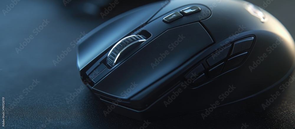 Black gaming mouse featuring additional side keys and a matte finish captured from behind with a brush effect Close up view highlights the keys and wheel from an angled perspective Black gaming mouse featuring additional side keys and a matte finish captured from behind with a brush effect Close up view highlights the keys and wheel from an angled perspective