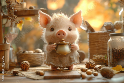 A funny piglet in an apron brewing coffee from acorns