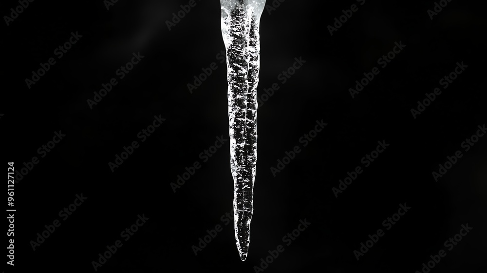 Close up of a single icicle against a black background.