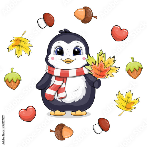 Cute cartoon penguin with fallen leaves. Autumn vector illustration of an animal with hearts, nuts, acorns, mushrooms, leaves on a white background.