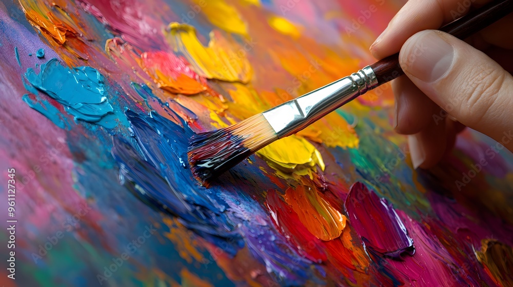 Artist’s Hand Holding a Paintbrush: An artist's hand holding a paintbrush mid-stroke, with vivid paint colors splashing onto a canvas.
Artist’s Hand Holding a Paintbrush: An artist's hand holding a paintbrush mid-stroke, with vivid paint colors splashing onto a canvas.