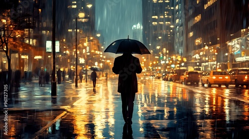 Back view of man carrying umbrella walking down a street in the city during rain