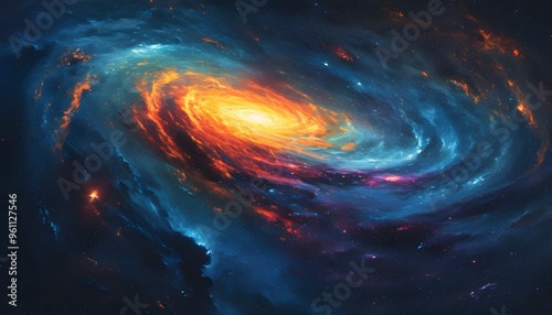 Cosmic whirlpool of stars and dust in vibrant fiery and cool hues, evoking mystery and the infinite expanse of space, perfect for posters or meditation backgrounds