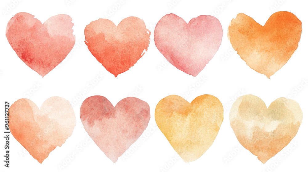 Obraz premium A collection of watercolor hearts in various shades, perfect for romantic design projects and decoration.