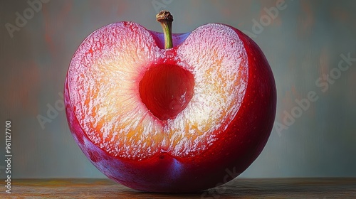 Halved Red Plum Fruit with Seed Removed   Close Up photo