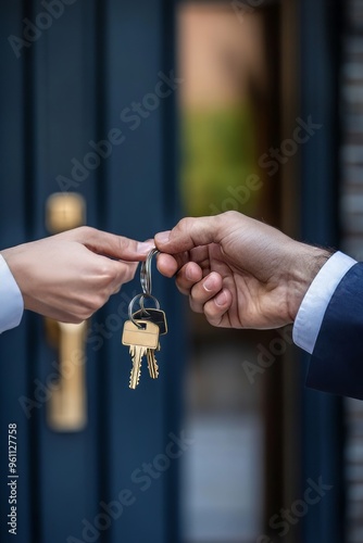 Trust and Success: Real Estate Agent Hands Keys to Buyer in Front of Dream Home