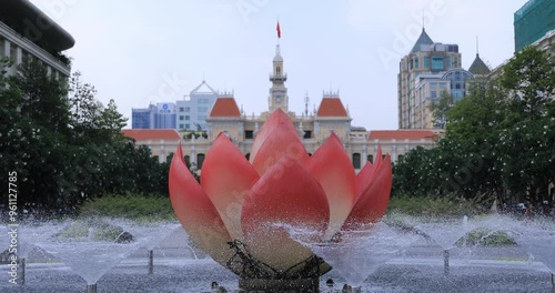 A fountain at the downtown at Nguyen Hue street in Ho Chi Minh long shot photo