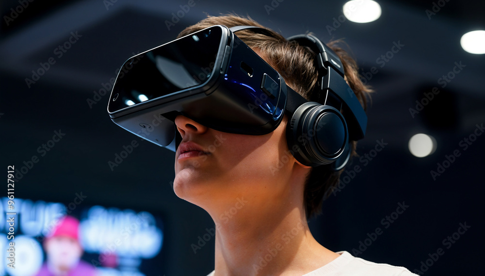 VR Individual using top-tier virtual reality glasses for a high-tech interactive experience. VR Individual using top-tier virtual reality glasses for a high-tech interactive experience.