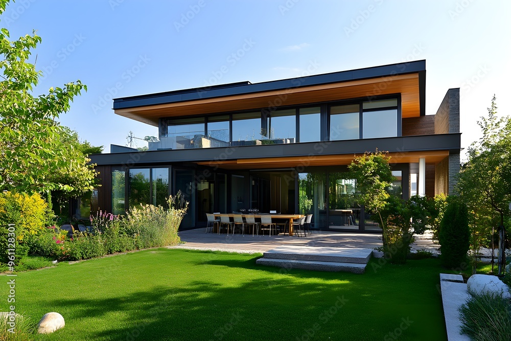 View of luxurious modern house exterior with dining space and garden View of luxurious modern house exterior with dining space and garden