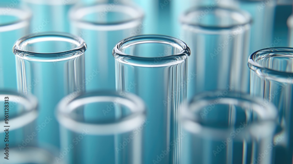 Close up of test tubes and medical glassware on a blue background Close up of test tubes and medical glassware on a blue background