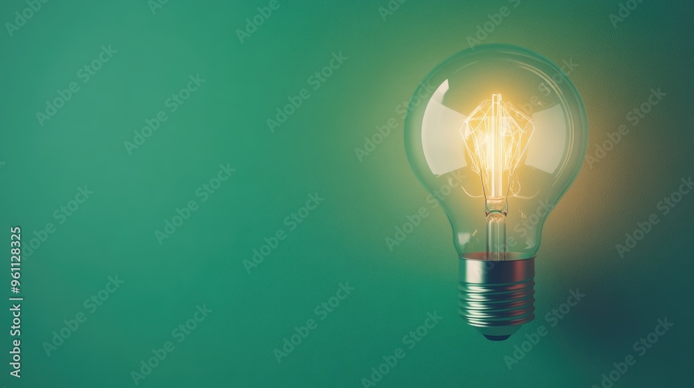 Illuminated light bulb against a green backdrop Minimalistic design with ample copy space Illuminated light bulb against a green backdrop Minimalistic design with ample copy space