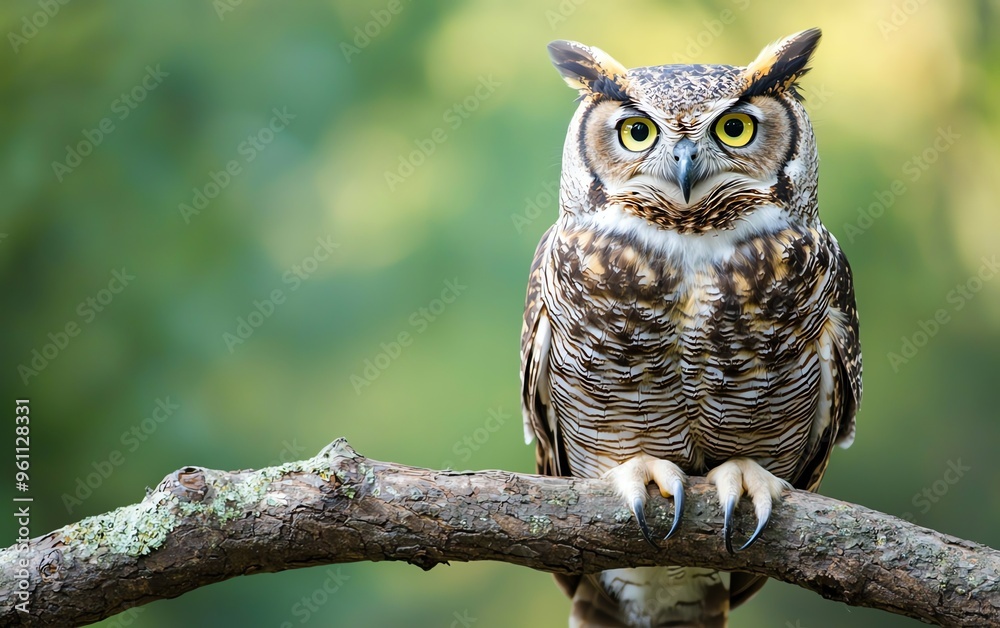A majestic owl perched on a branch, showcasing its vibrant eyes and beautiful feathers, surrounded by a lush green background. A majestic owl perched on a branch, showcasing its vibrant eyes and beautiful feathers, surrounded by a lush green background.