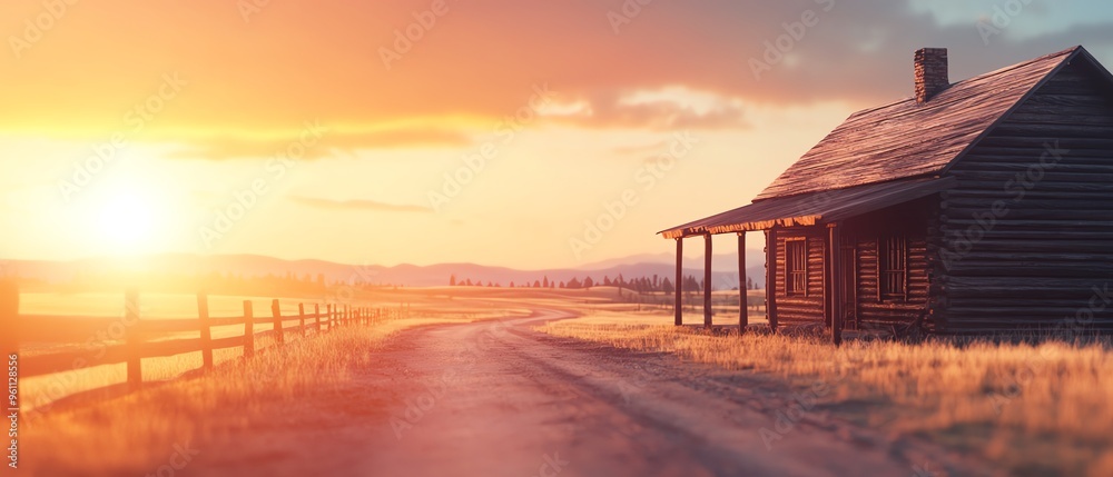 Fototapeta premium A serene landscape featuring a rustic cabin at sunset, highlighting warm colors and tranquility in the countryside.