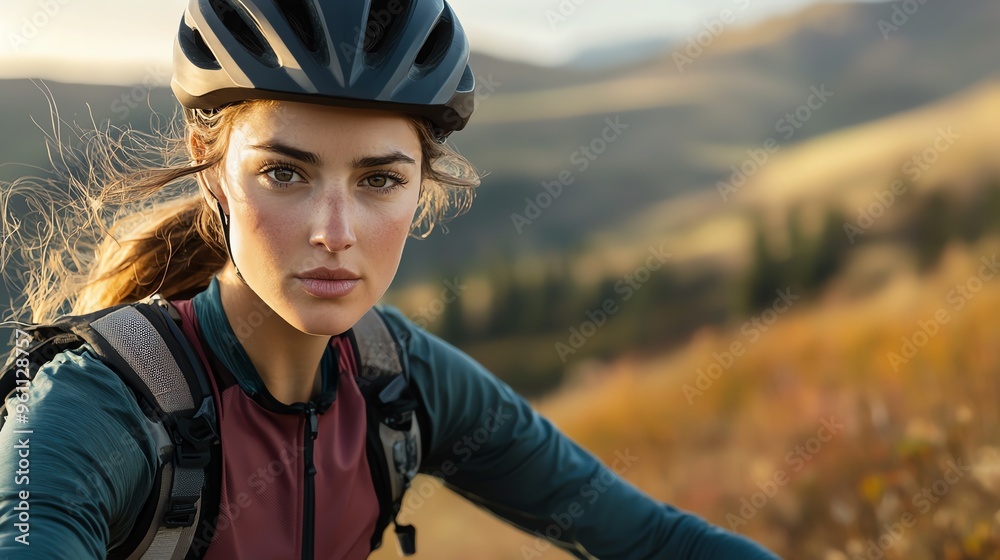 A young woman cyclist wearing a helmet, ready for an adventurous ride in a scenic outdoor landscape with vibrant nature surroundings.