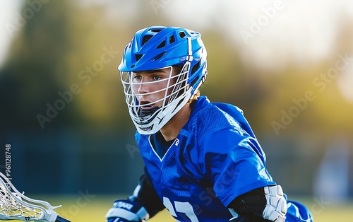 A focused lacrosse player in blue gear, demonstrating skill and concentration on the field during a training session.