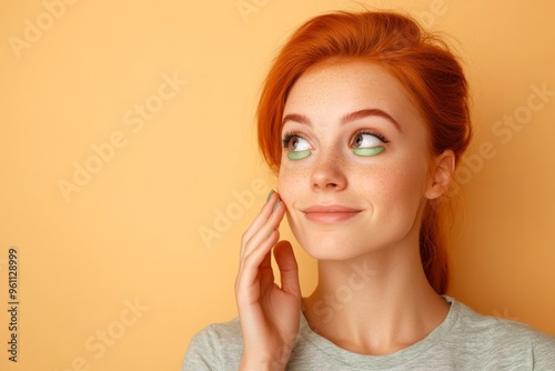 Young woman with green eye patches on her face, isolated against a beige background. Close-up portrait of a ginger-haired girl wearing a T-shirt and looking away while smiling, applying a cosmetic gel