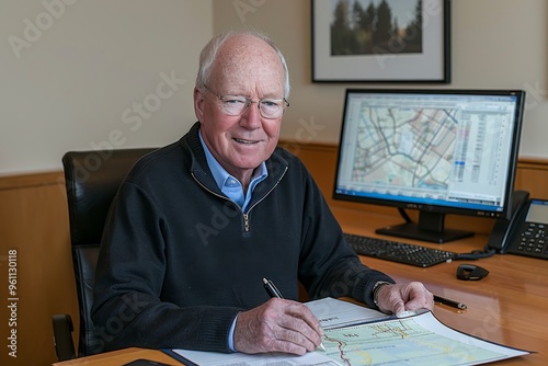 Senior caucasian man reviewing retirement financial plan at desk in well lit room photo