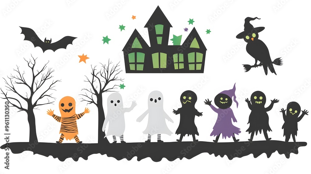 A spooky Halloween scene featuring children in costumes approaching a haunted house under a starry, eerie green sky. Silhouetted trees, bats, and the glowing windows of the house create a haunting.