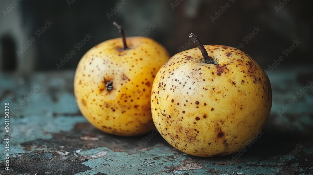 Closeup of Two Yellow Apples with Brown Spots on Rustic Background Closeup of Two Yellow Apples with Brown Spots on Rustic Background