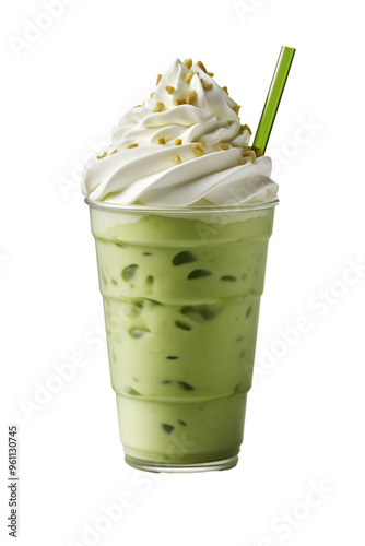 Delicious green matcha iced drink with whipped cream and straw photo