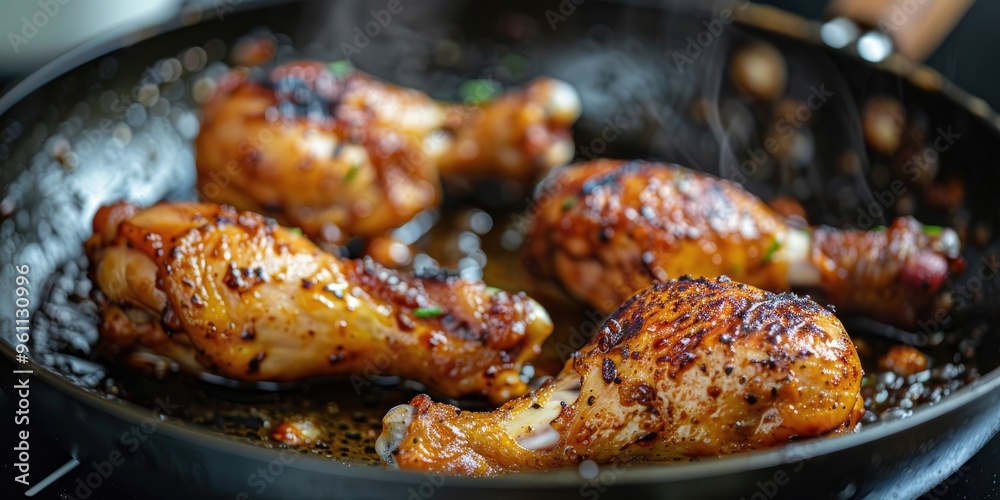 Sizzling and browning chicken drumsticks in a skillet.