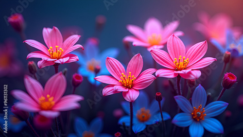 Vibrant Neon Flowers in Fantasy Scene Neon Floral Abstract in Dark Background