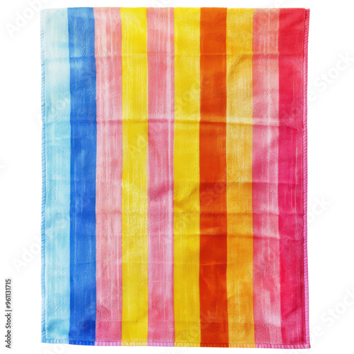 A vibrant, striped fabric showcasing a colorful blend of blue, pink, yellow, and orange hues, perfect for textile design.
