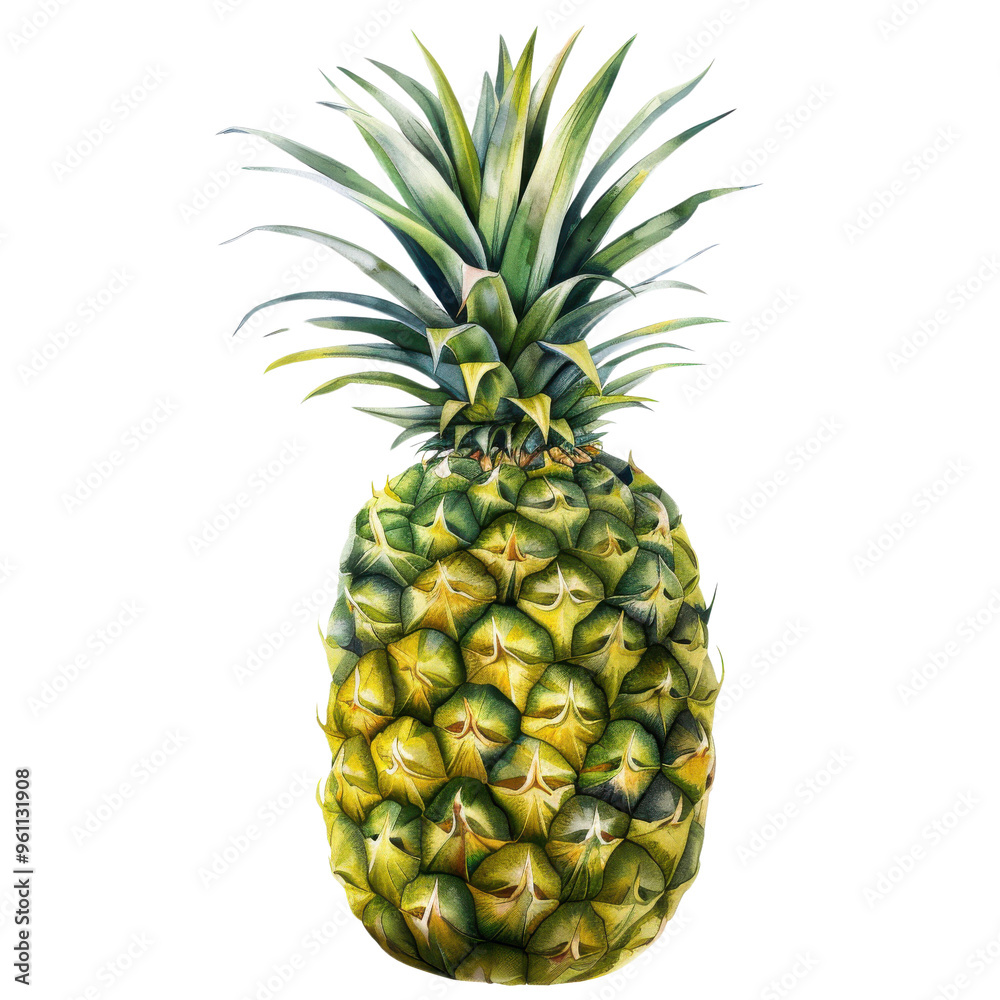 Fototapeta premium A vibrant pineapple with lush green leaves, showcasing its tropical charm, perfect for culinary and decorative uses.