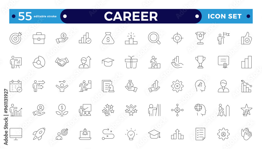 Career web icons set. Growth and success - simple thin-line icons collection. Containing career progress, growth profit coaching, business people, tutorship and more. Editable stroke outline icon. Career web icons set. Growth and success - simple thin-line icons collection. Containing career progress, growth profit coaching, business people, tutorship and more. Editable stroke outline icon.