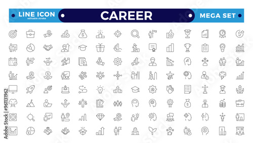 Career web icons set. Growth and success - simple thin-line icons collection. Containing career progress, growth profit coaching, business people, tutorship and more. Editable stroke outline icon.