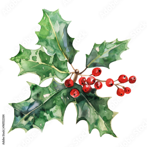A vibrant watercolor illustration of holly leaves and bright red berries, perfect for festive seasonal themes and holiday decor.