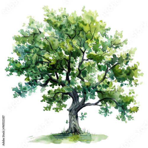 A vibrant watercolor painting of a lush green tree, symbolizing nature's beauty and tranquility.