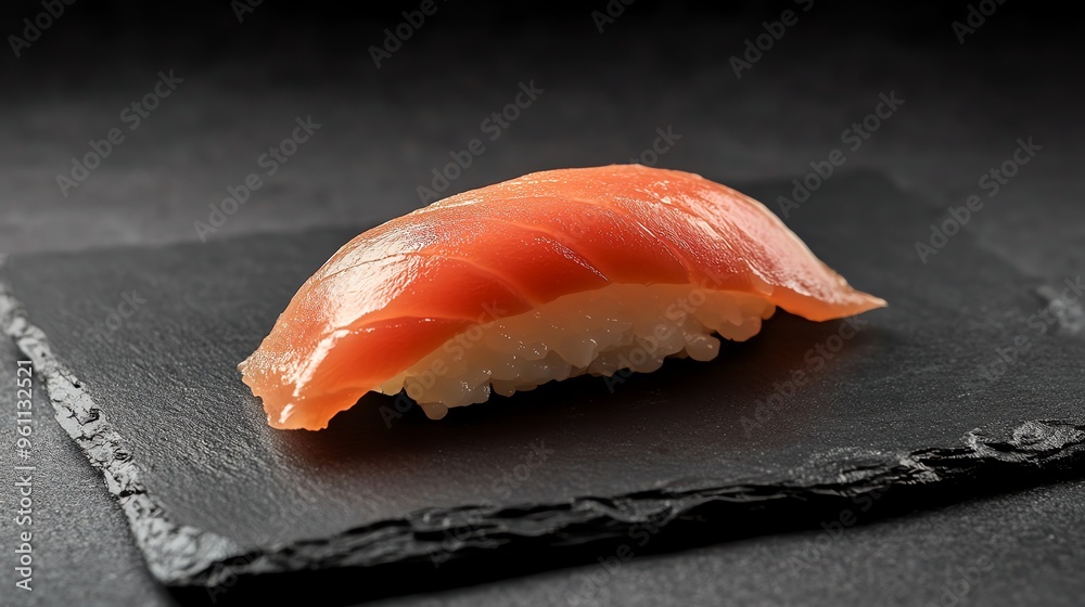 Close-up of a single piece of salmon nigiri sushi on a black slate plate. Close-up of a single piece of salmon nigiri sushi on a black slate plate.