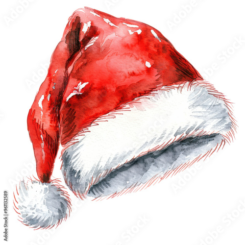 Festive red Santa hat with white fur trim, perfect for holiday celebrations and Christmas-themed decorations. photo