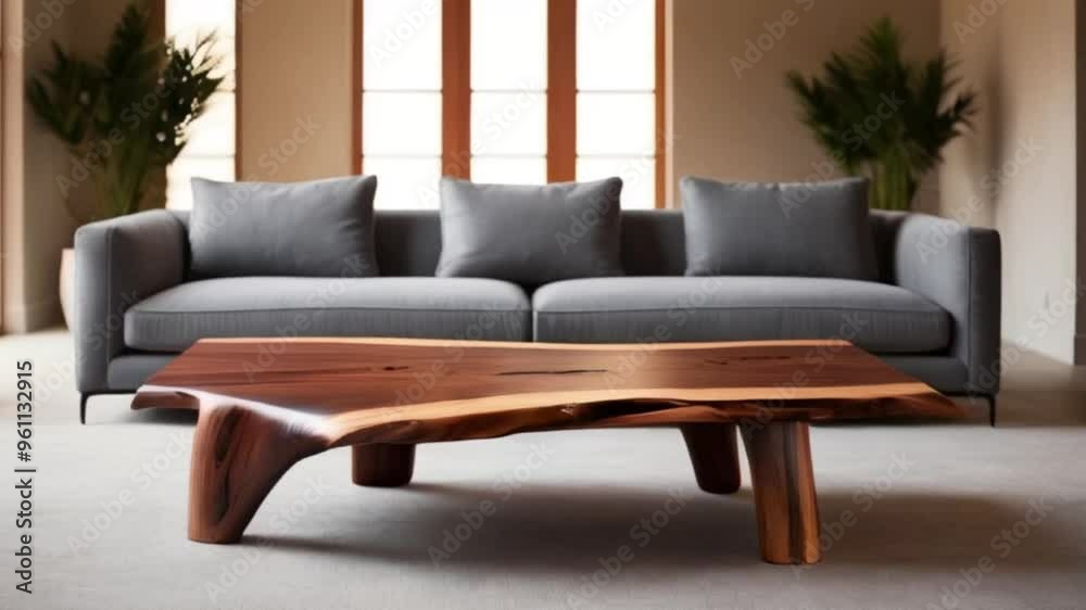 A stunning wooden coffee table with an organic design sits in front of a modern gray sofa, enhancing a contemporary living space with elegance and warmth created with generative ai A stunning wooden coffee table with an organic design sits in front of a modern gray sofa, enhancing a contemporary living space with elegance and warmth created with generative ai