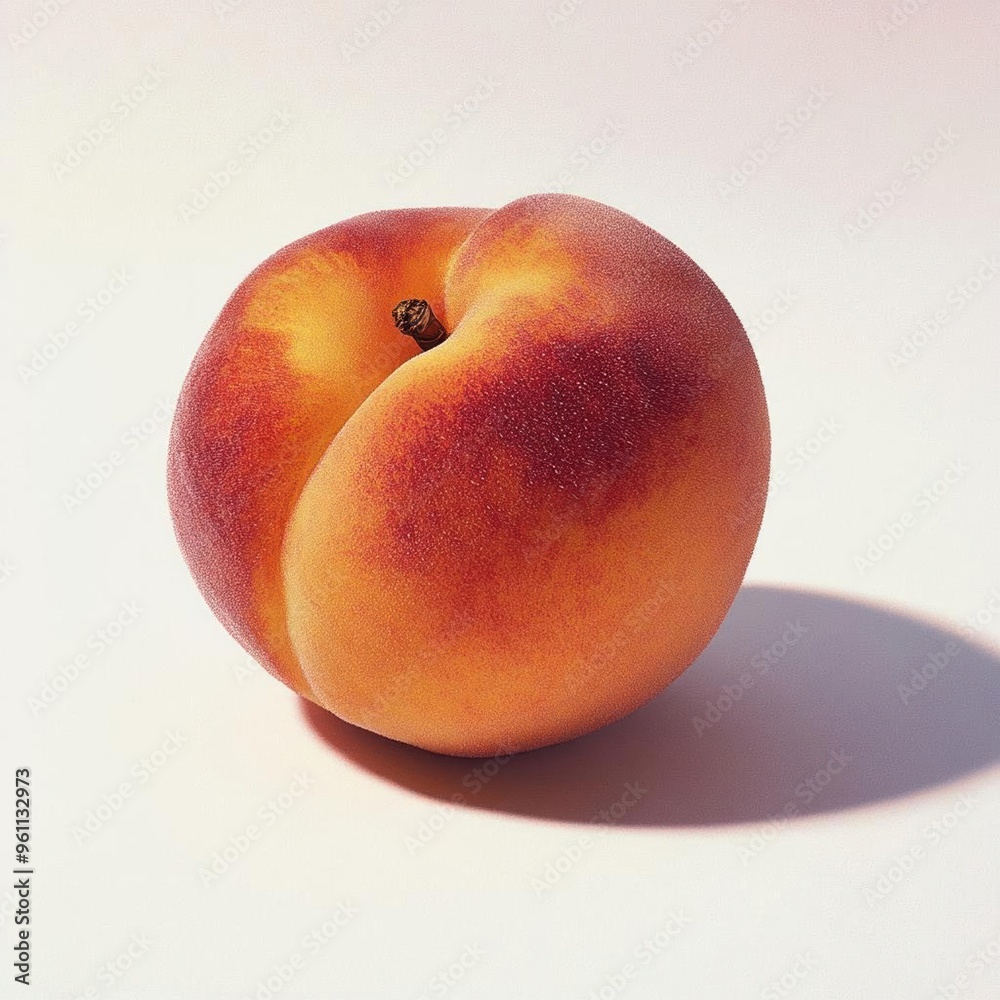 A single, ripe peach with a fuzzy skin and a slight red blush sits on a white background. A single, ripe peach with a fuzzy skin and a slight red blush sits on a white background.