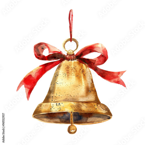 A beautiful bell adorned with a red ribbon, perfect for festive occasions, celebrations, or holiday decorations.