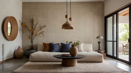 a serene living room where Japandi design, the elegant fusion of Japanese minimalism and Scandinavian warmth photo