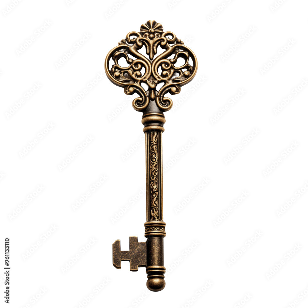 Antique ornate brass key isolated on black background
