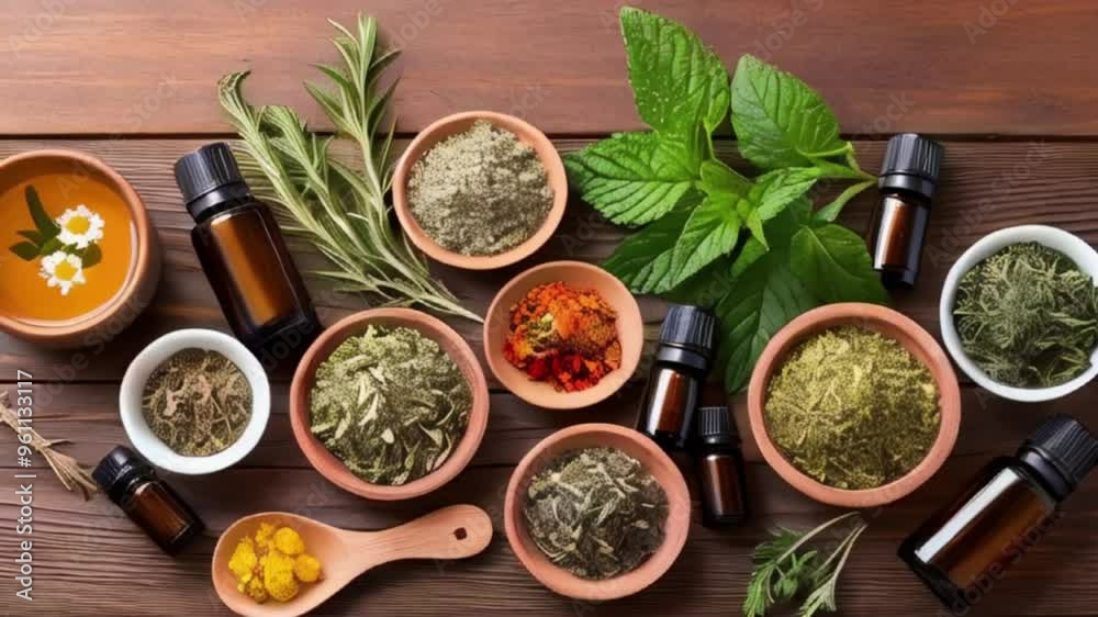 An artistic flat lay of various herbs and essential oils, showcasing a natural and vibrant arrangement on a rustic wooden surface created with generative ai