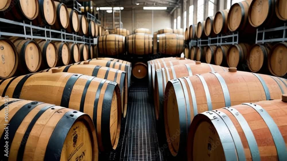 A vibrant scene of oak barrels stacked in a distillery, showcasing a rich array of wood textures, highlights of metallic bands, and warm ambient lighting created with generative ai A vibrant scene of oak barrels stacked in a distillery, showcasing a rich array of wood textures, highlights of metallic bands, and warm ambient lighting created with generative ai