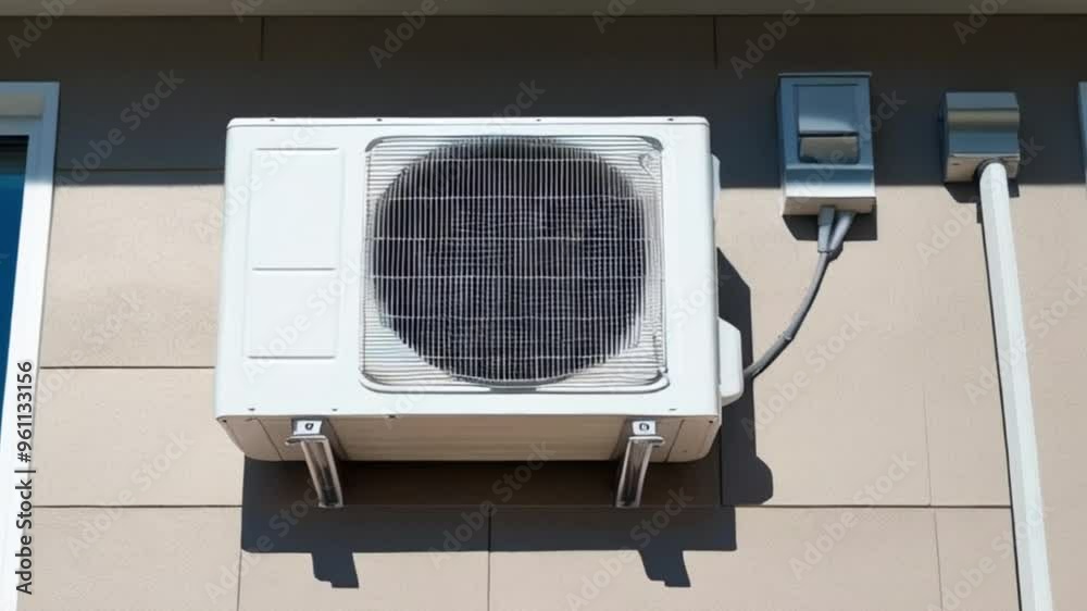 A modern air conditioning unit mounted on a beige exterior wall ...
