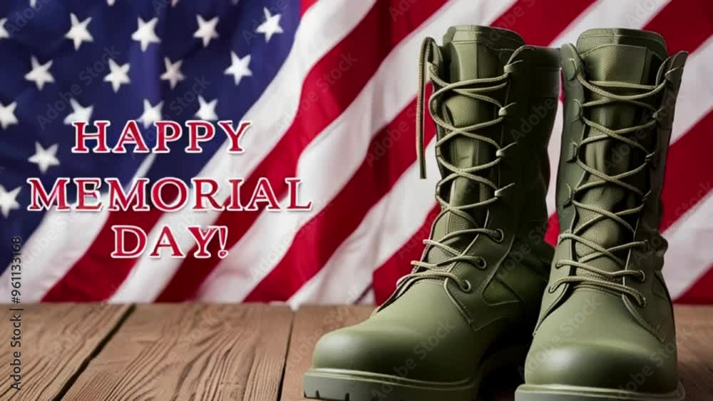 A pair of military boots stands proudly in front of a backdrop of the American flag, symbolizing service and remembrance for Memorial Day created with generative ai